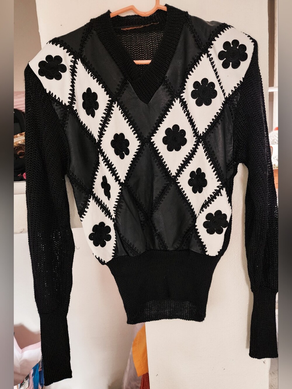 WOMEN'S 80'S SHEER LEATHER MIX KNIT - BLACK/WHITE